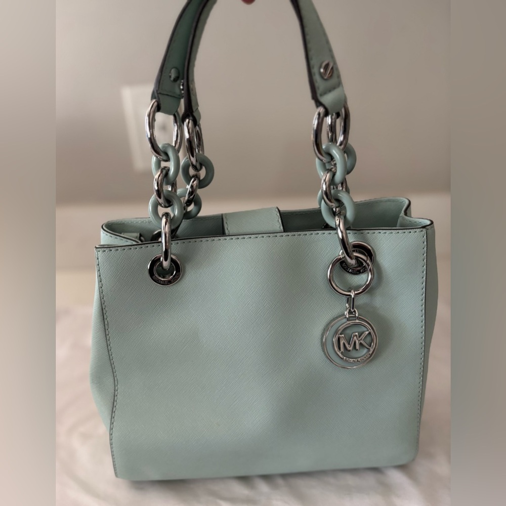 Michael Kors Cynthia Mint Green Saffiano Satchel with Silver Chain Handles NWOT